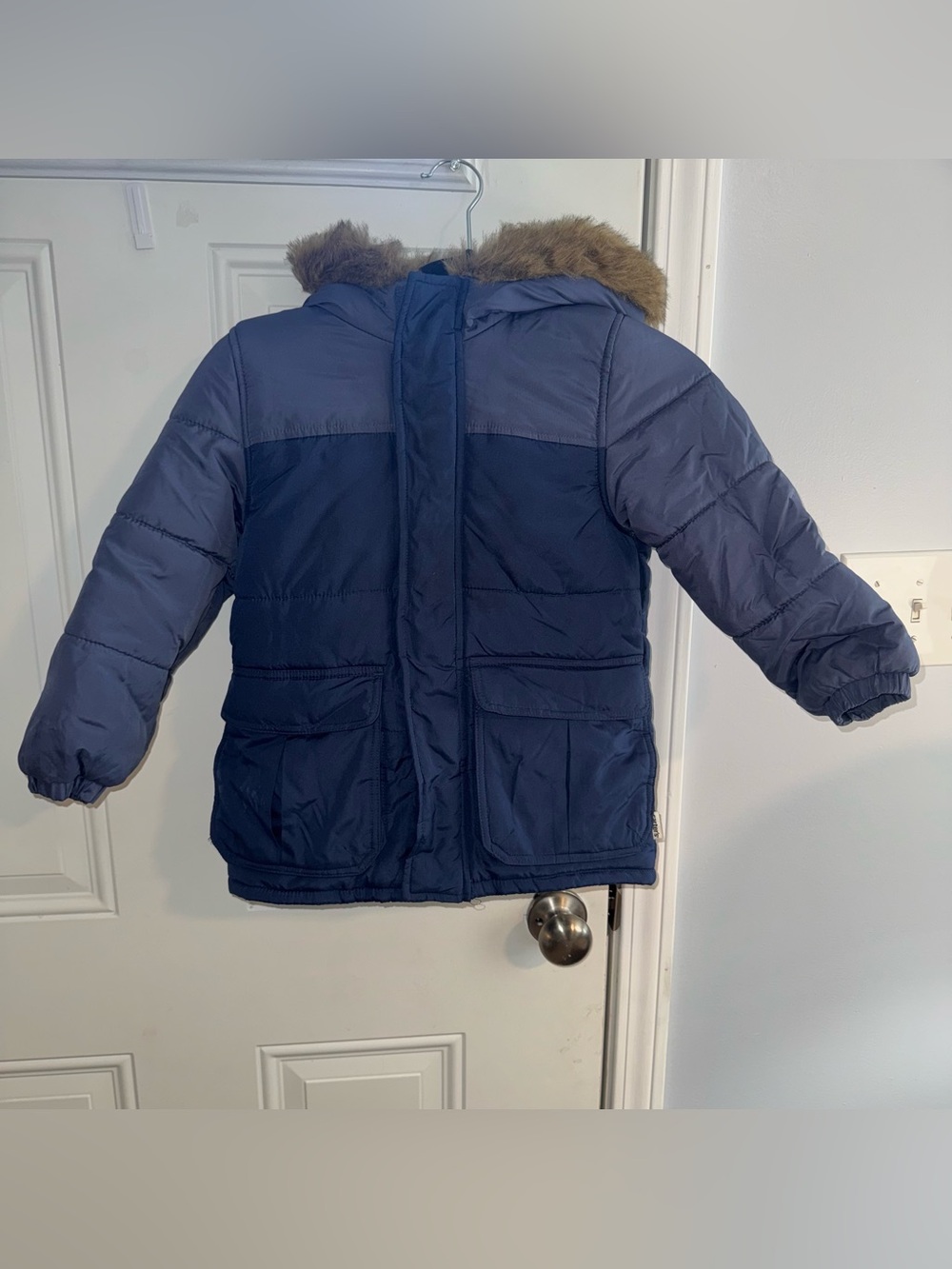 Carter's Two-Tone Navy Puffer Jacket with Faux Fur Hood